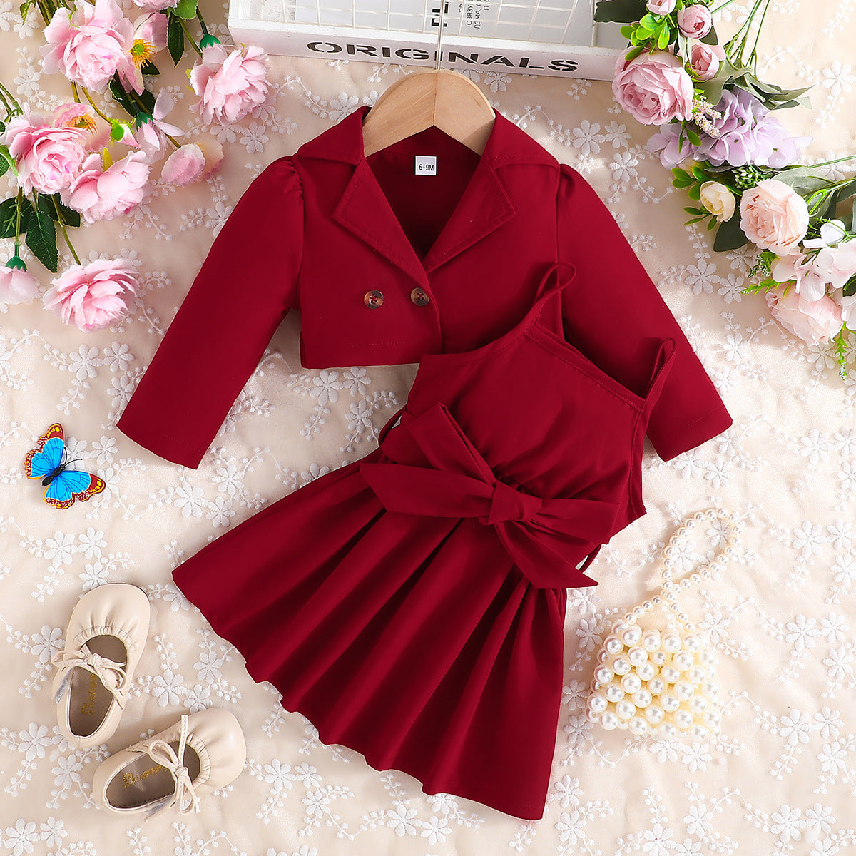 Spring And Autumn Sweet Simple Girls Lapel Long Sleeve + Solid Color Slip Dress Two-Piece Set Of A Hair