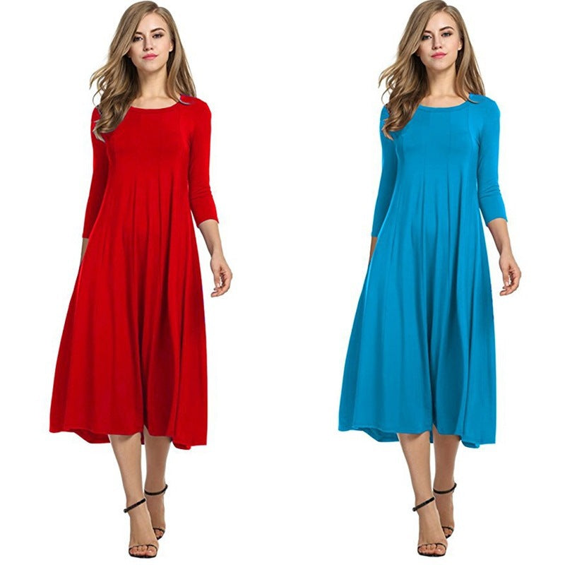 Women's Autumn And Winter New Skirt Fashion Round Neck Seven Points Sleeve Solid Color Swing Dress A Hair