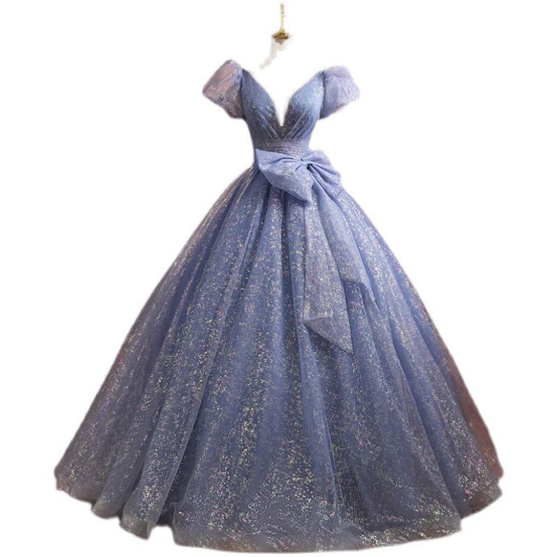 Blue Evening Dress Female New Temperament Socialite Banquet Performance Host Human Art Test Vocal Dress Slimming