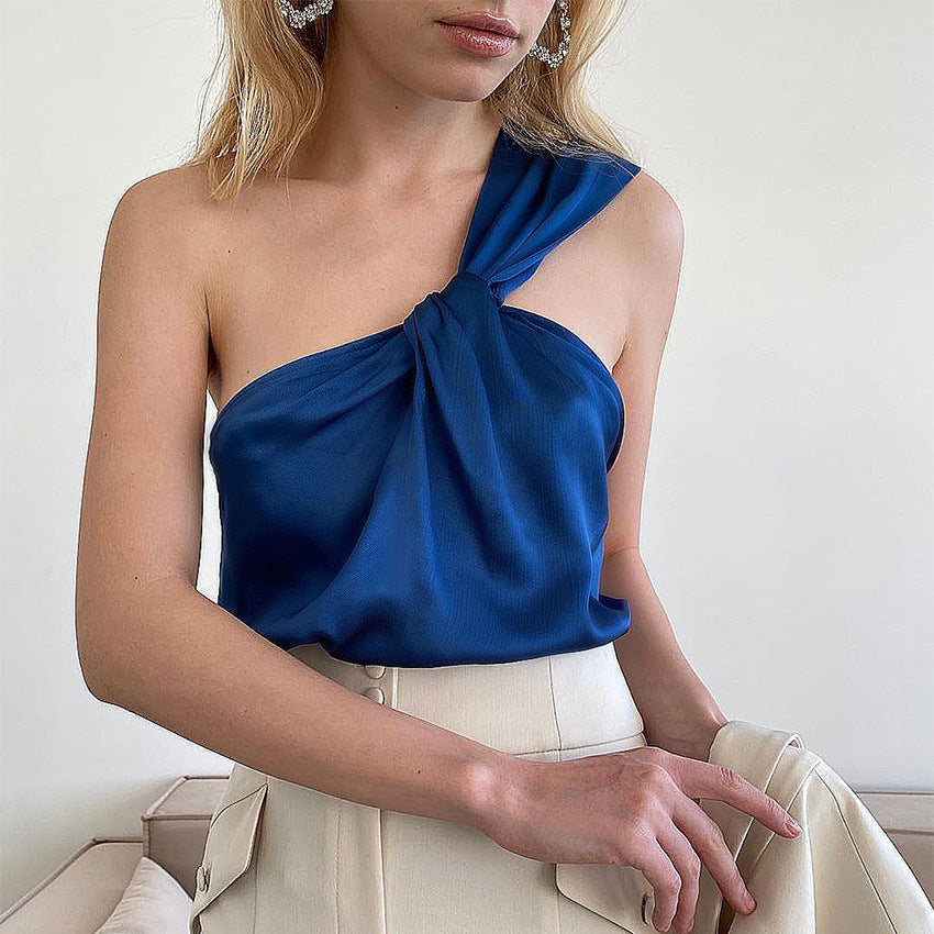 Spring Vest Sexy Oblique Shoulder Satin Bottoming Fashion Temperament Klein Blue Top Can Be Worn Outside Women's Wear
