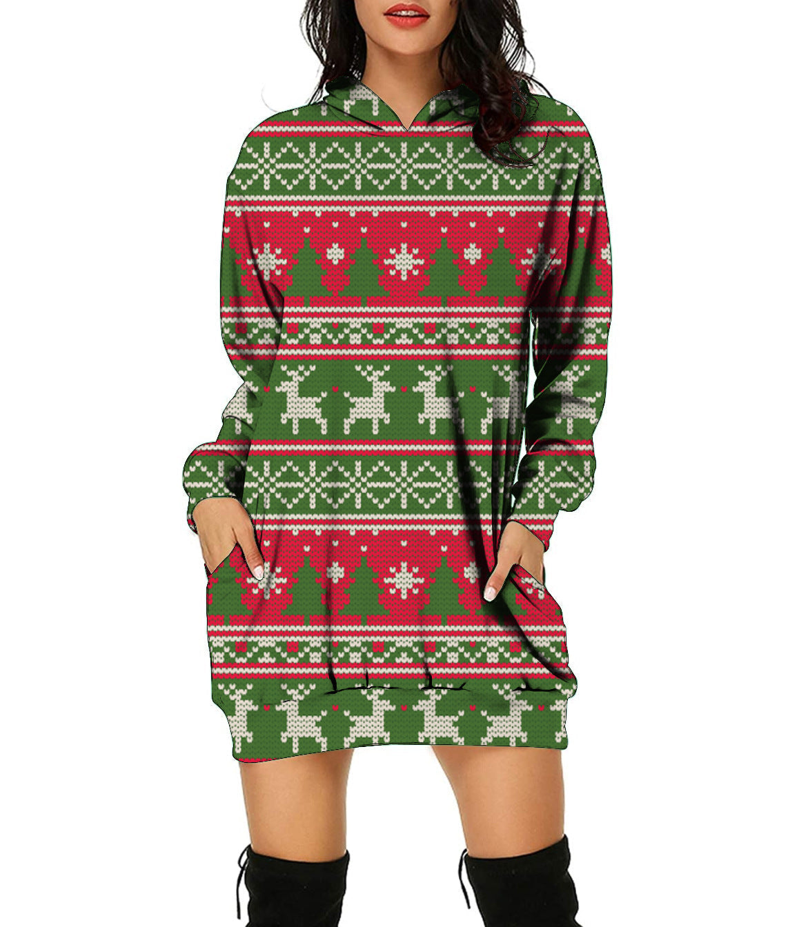 Autumn And Winter New Christmas Pattern Christmas Tree Print Hooded Jumper For Women Long-Sleeved Loose Hoodie Dress
