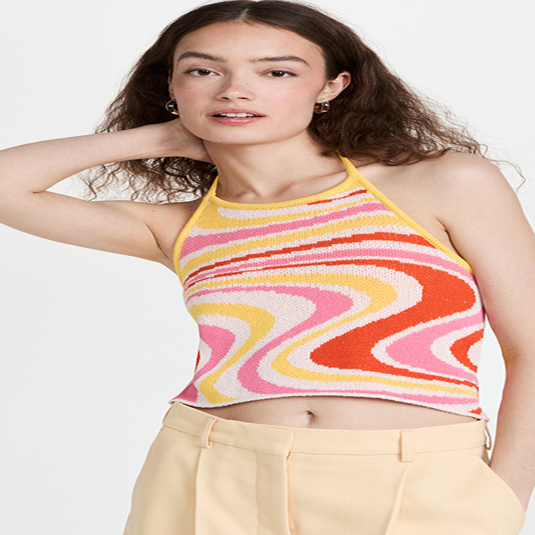 Knitted Halter Irregular Color Color Wool Woven Lapel Crop Sleeveless Halter Vest