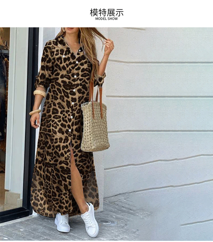 Fashionable Leopard Print Women's Long Shirt Dress with Skirt Slit, a Must-Have for Trendsetters