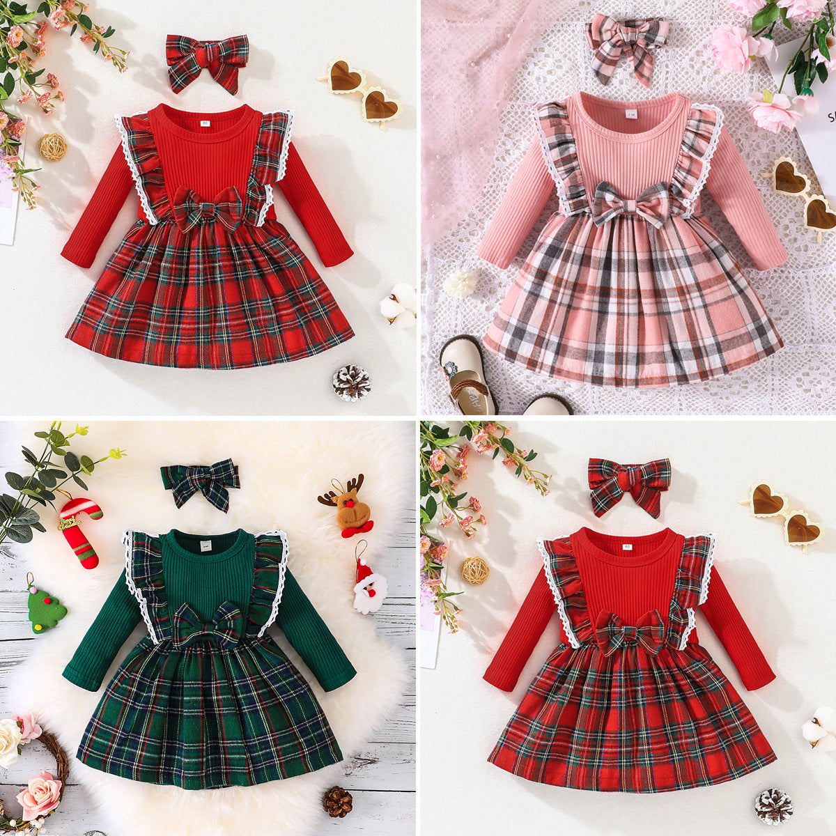 Girls' Long-Sleeved Dress Autumn Winter Children's Christmas Plaid Skirt Baby Baby Red Skirt A-Line Skirt