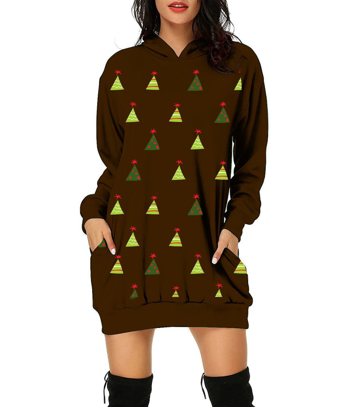 Autumn And Winter New Christmas Pattern Christmas Tree Print Hooded Jumper For Women Long-Sleeved Loose Hoodie Dress