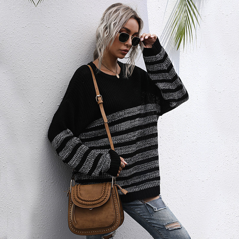 Women's Autumn Loose Striped Round Neck Long Long-Sleeved Sweater Knitwear Women