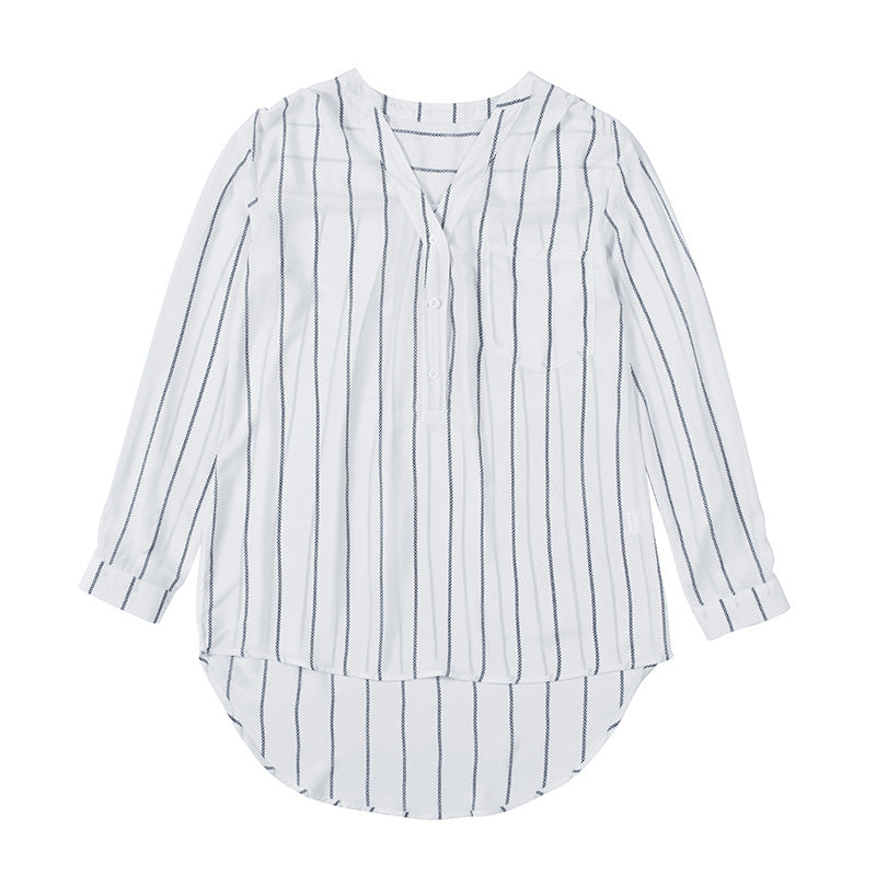 Autumn New V-Neck Ladies Striped Shirt With Loose Single Breasted Long Sleeve Blouse