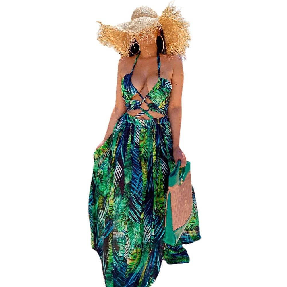 Women's Dress Summer New Skirt Fashion Temperament Printed Character Halter Strap Dress Female Spot