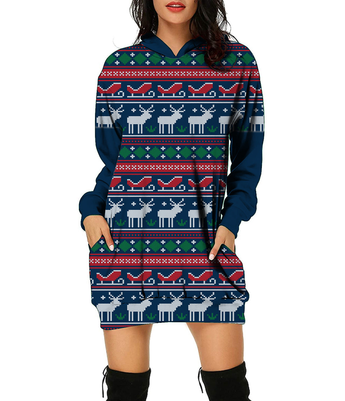 Autumn And Winter New Christmas Pattern Christmas Tree Print Hooded Jumper For Women Long-Sleeved Loose Hoodie Dress