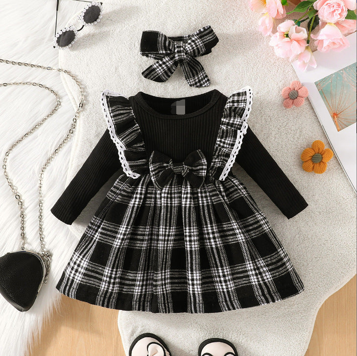 Girls' Long-Sleeved Dress Autumn Winter Children's Christmas Plaid Skirt Baby Baby Red Skirt A-Line Skirt