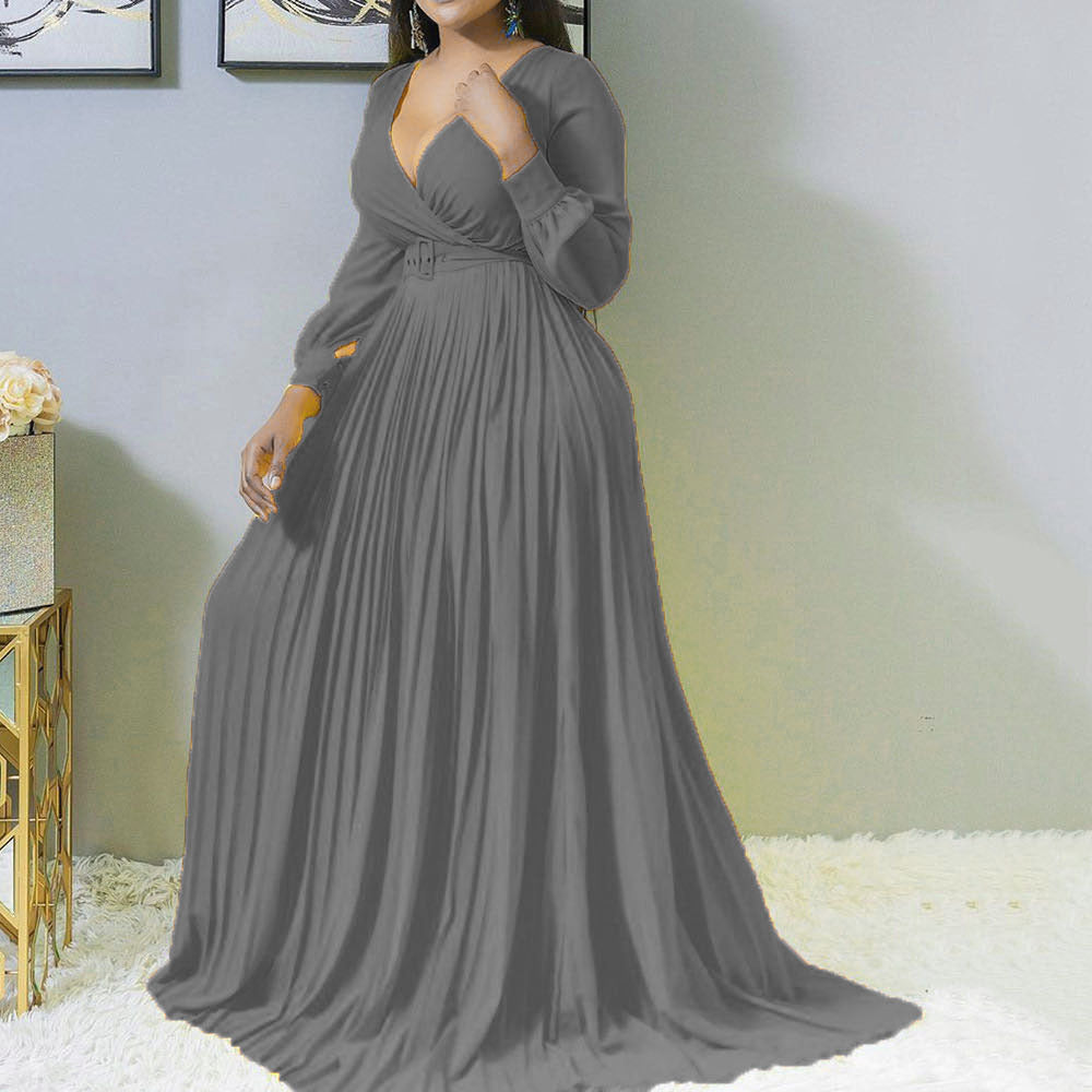 Plus-Size Women's Deep V Cross Grab Pleated Front Skirt Solid Color Pleated Big Swing Dress