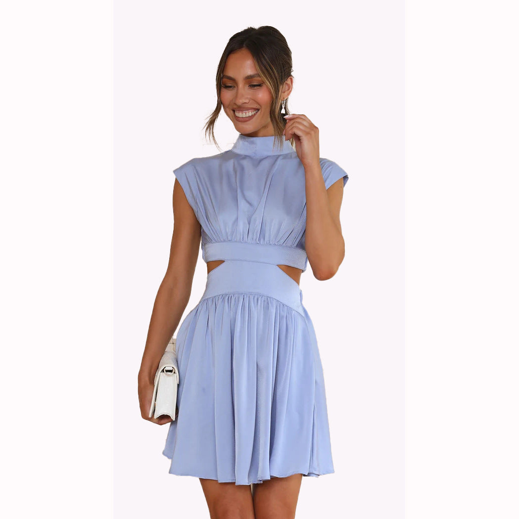 Solid Color Sweet Summer Style Waist Waist Stand Collar Exposed Waist Short Dress