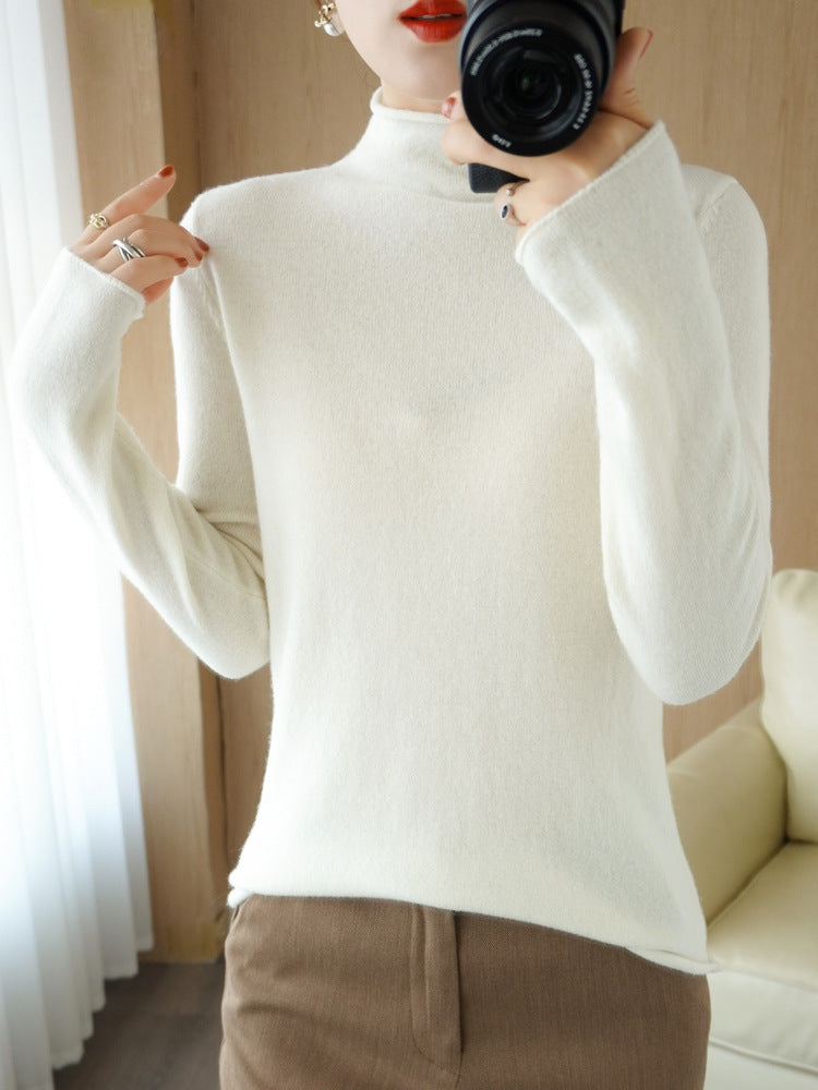 100% Pure Woolen Sweater Women Pile Collar In Autumn And Winter With Cashmere Sweater Western-Style Turtleneck Top Knitted Base
