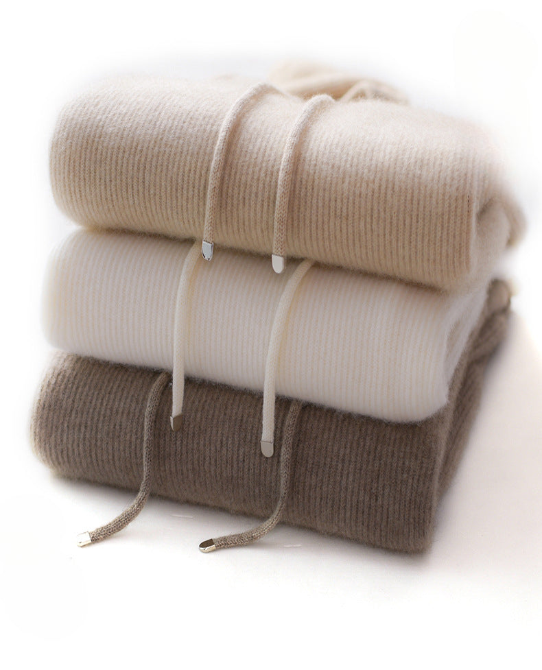 Autumn And Winter Wool Coat Long Sleeve Sleeve Loose Pure Wool Knit Hooded Sweater Wool Hoodie Thickened Women