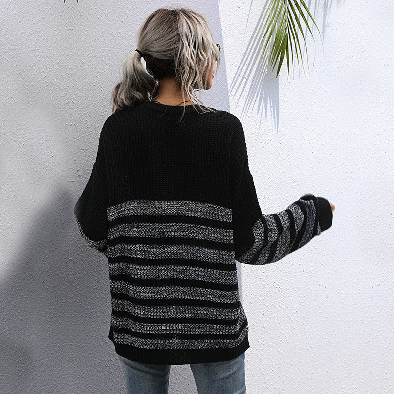 Women's Autumn Loose Striped Round Neck Long Long-Sleeved Sweater Knitwear Women