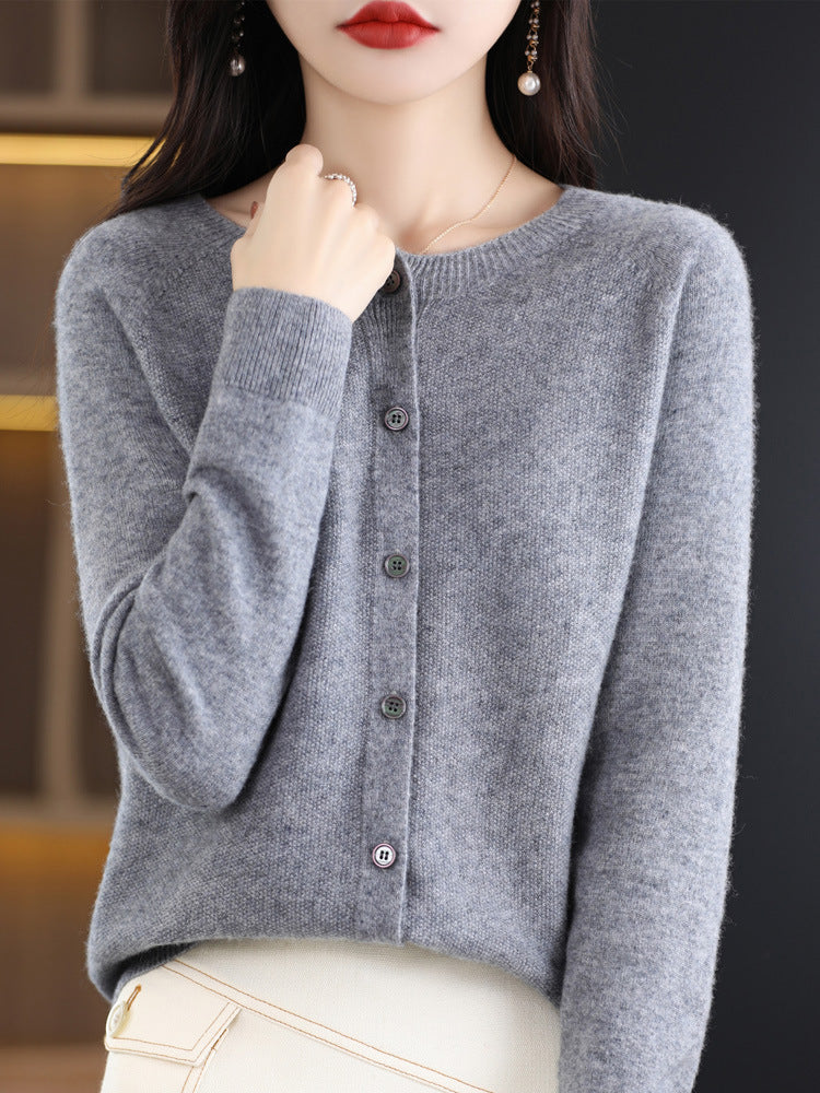 Round Neck Cashmere Cardigan Women's Knit Coat Spring And Autumn Loose Short Wool Sweater Women's 100 Pure Wool Sweater Outside