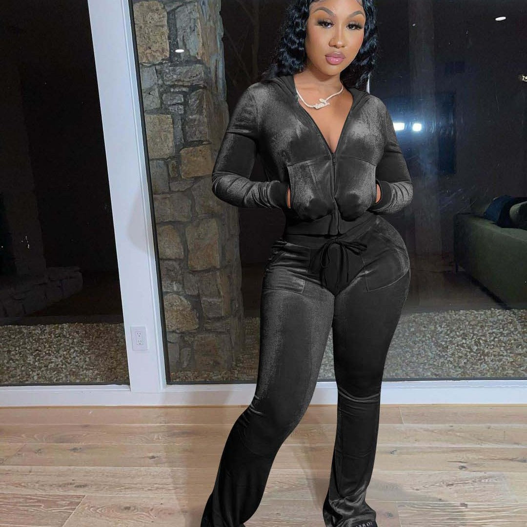 Multi-Color Casual Canary Velvet Hoodie & Wide Leg Pants: Stylish Zipper Pocket Two-Piece Suit for Fashion Enthusiasts