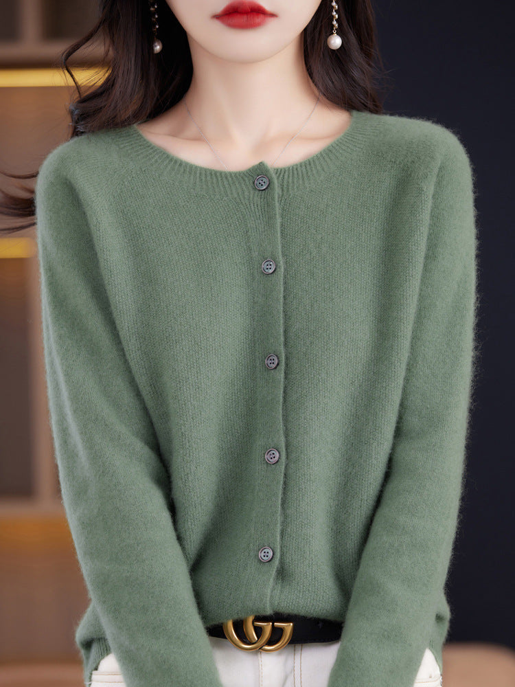 Round Neck Cashmere Cardigan Women's Knit Coat Spring And Autumn Loose Short Wool Sweater Women's 100 Pure Wool Sweater Outside