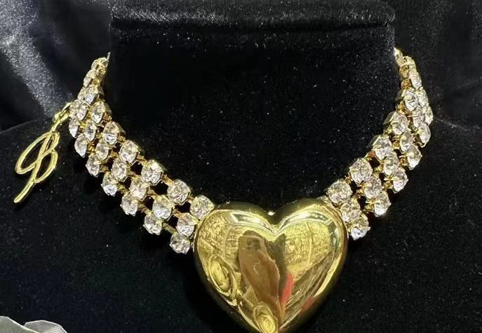 Full Of Diamond Flash Diamond Gold-Plated Love Necklace Exaggerated Personality Daily Short Necklace Spice Hip Hop Collarbone