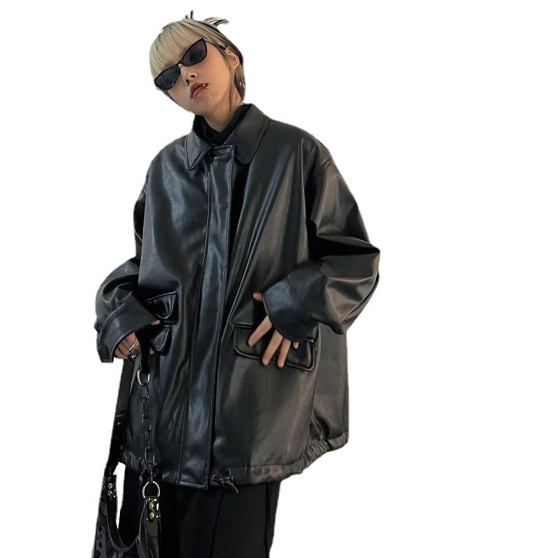 Elegant Black PU Leather Coat for Women