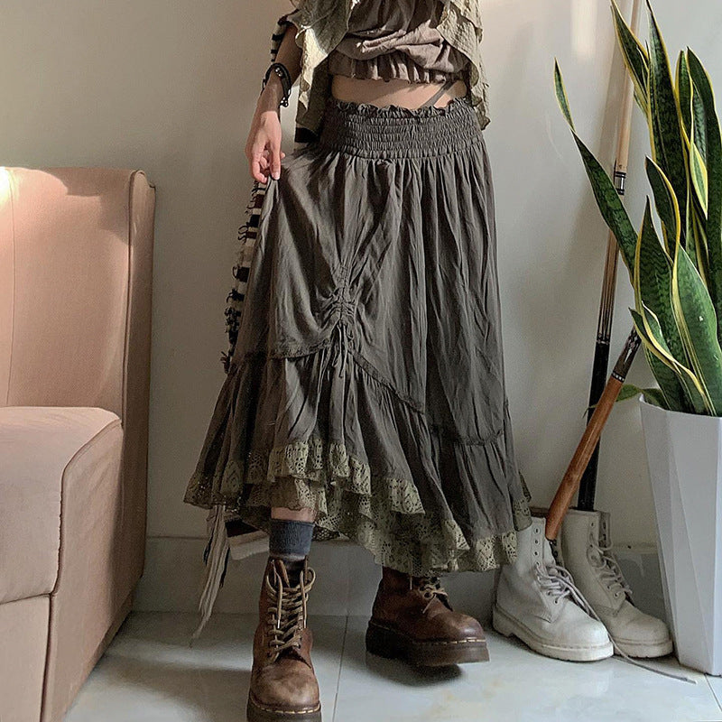 Lace Pleated Half Skirt Women's Long High Waist Side Pull Pleated Design Sag Irregular A-Line Skirt