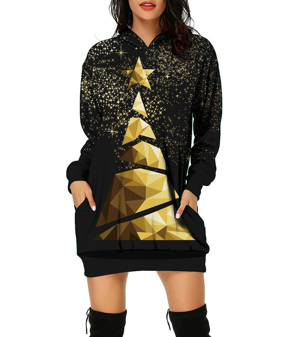 Autumn And Winter New Christmas Pattern Christmas Tree Print Hooded Jumper For Women Long-Sleeved Loose Hoodie Dress