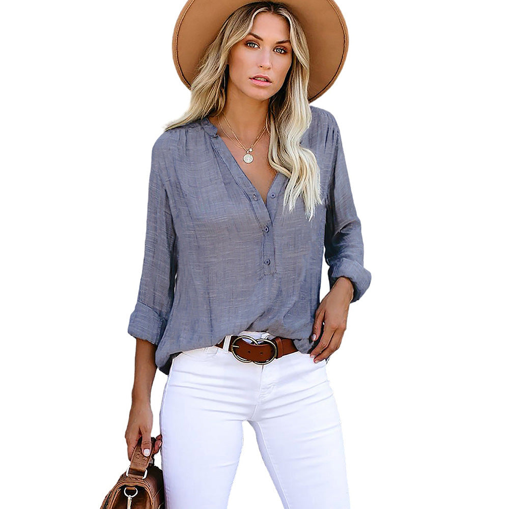 Autumn New V-Neck Ladies Striped Shirt With Loose Single Breasted Long Sleeve Blouse