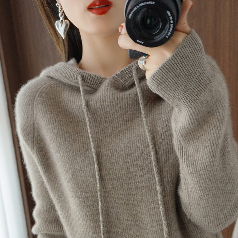 Autumn And Winter Wool Coat Long Sleeve Sleeve Loose Pure Wool Knit Hooded Sweater Wool Hoodie Thickened Women