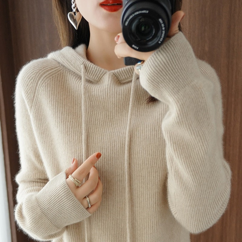 Autumn And Winter Wool Coat Long Sleeve Sleeve Loose Pure Wool Knit Hooded Sweater Wool Hoodie Thickened Women