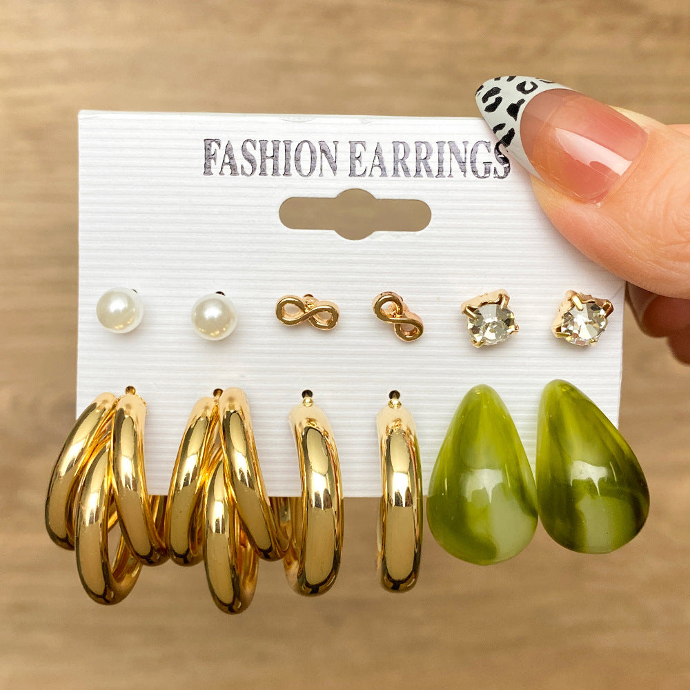 5 set New Resin Earrings Set For Women Retro Geometric Pearl Earrings 6-pairs one Set Combination