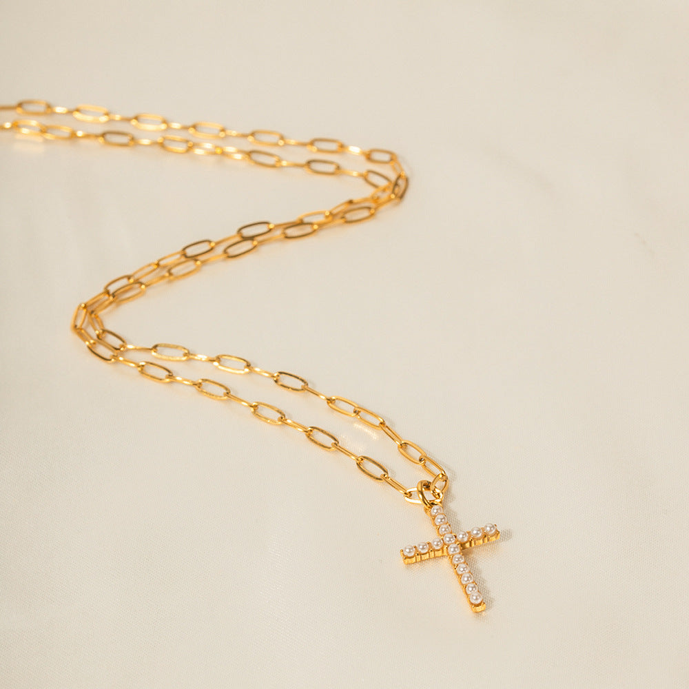 5 pcs 18K Gold Stainless Steel Inlaid Pearl Cross Pendant Necklace Does Not Fade Color Jewelry