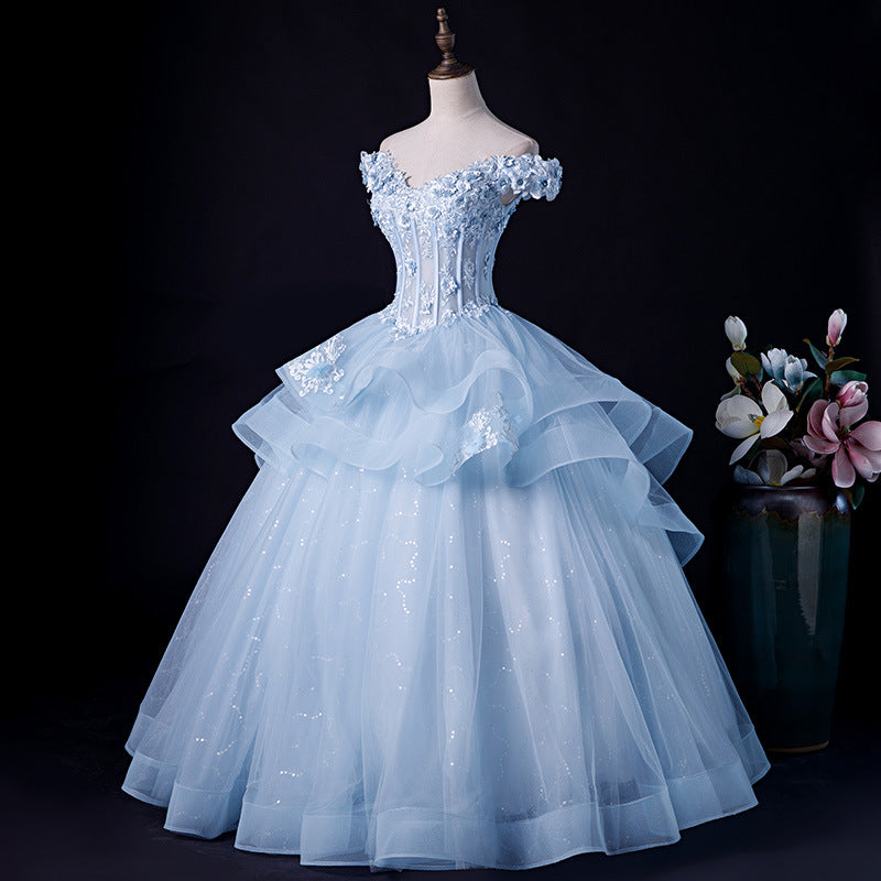 Blue Evening Gown Pommel Skirt Princess Skirt Swing Vocal Dress Bel Canto Stage Solo Ensemble Elegant Long Style