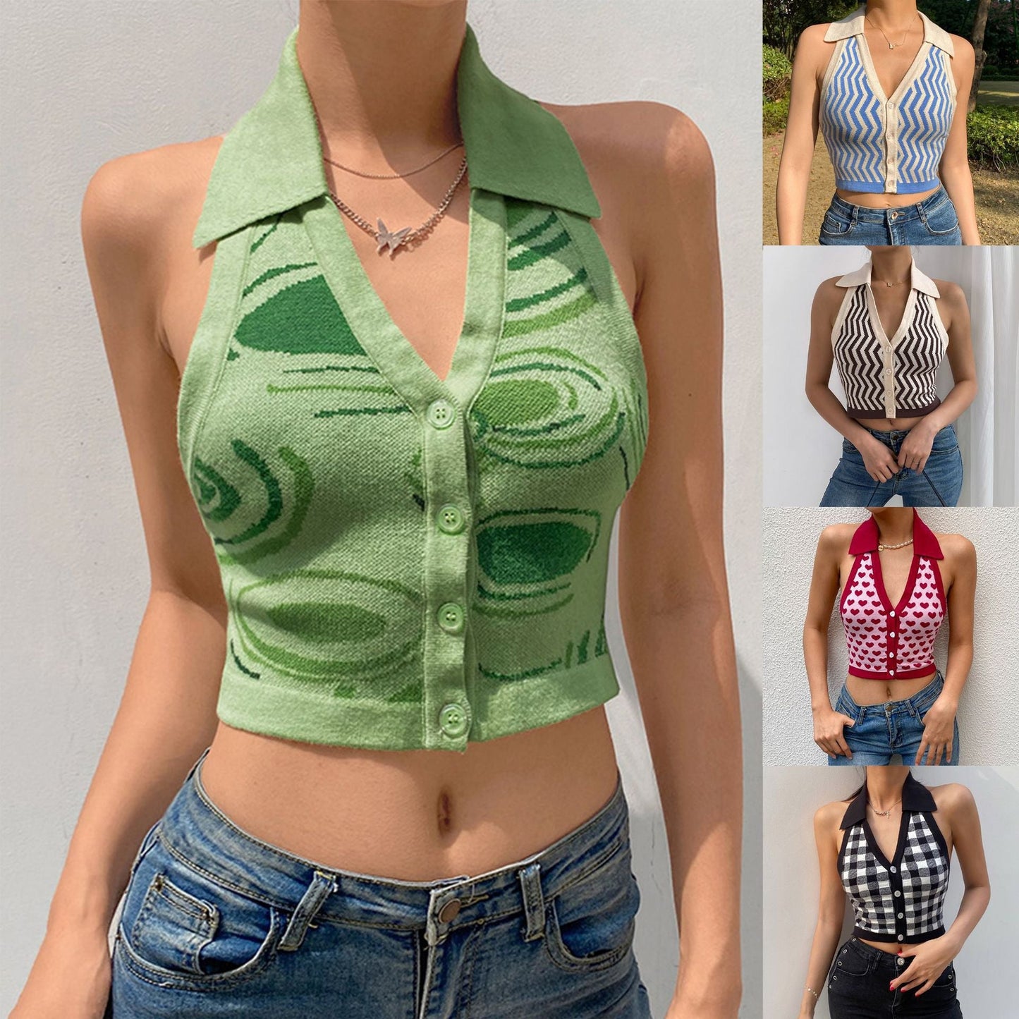 Spring Summer Irregular Pattern Halter Neck Sexy Top Halter Cardigan Sweater Back