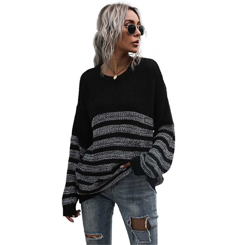 Women's Autumn Loose Striped Round Neck Long Long-Sleeved Sweater Knitwear Women