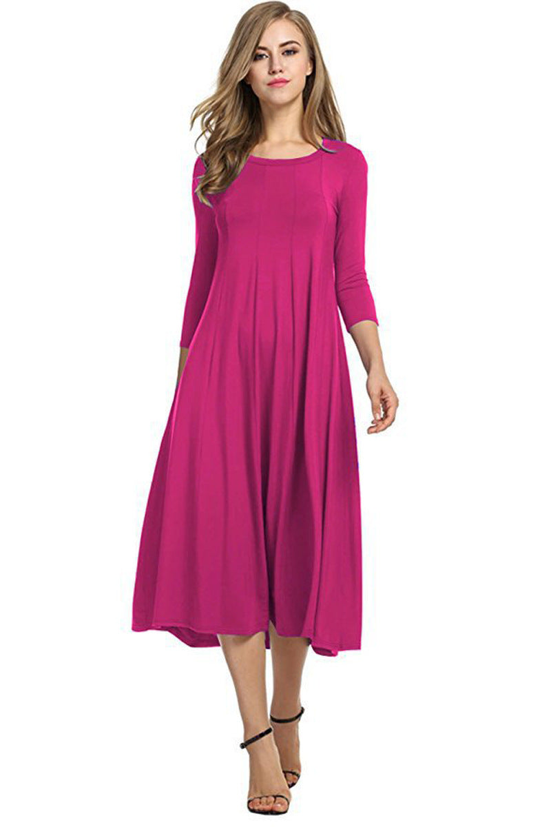 Women's Autumn And Winter New Skirt Fashion Round Neck Seven Points Sleeve Solid Color Swing Dress A Hair