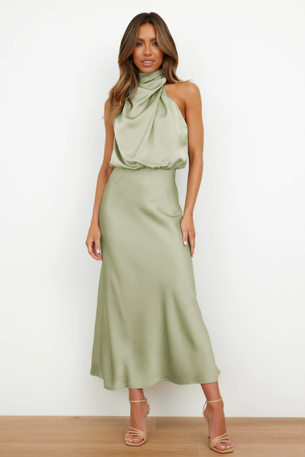 Spring And Summer New High-Grade Satin Sleeveless Dress Fashion Elegant Ladies Light Evening Dress