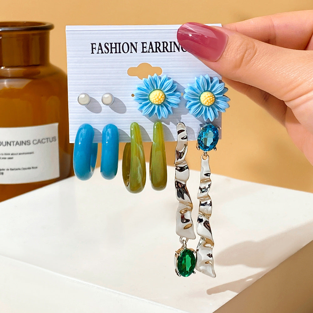 5 set New Resin Earrings Set For Women Retro Geometric Pearl Earrings 6-pairs one Set Combination
