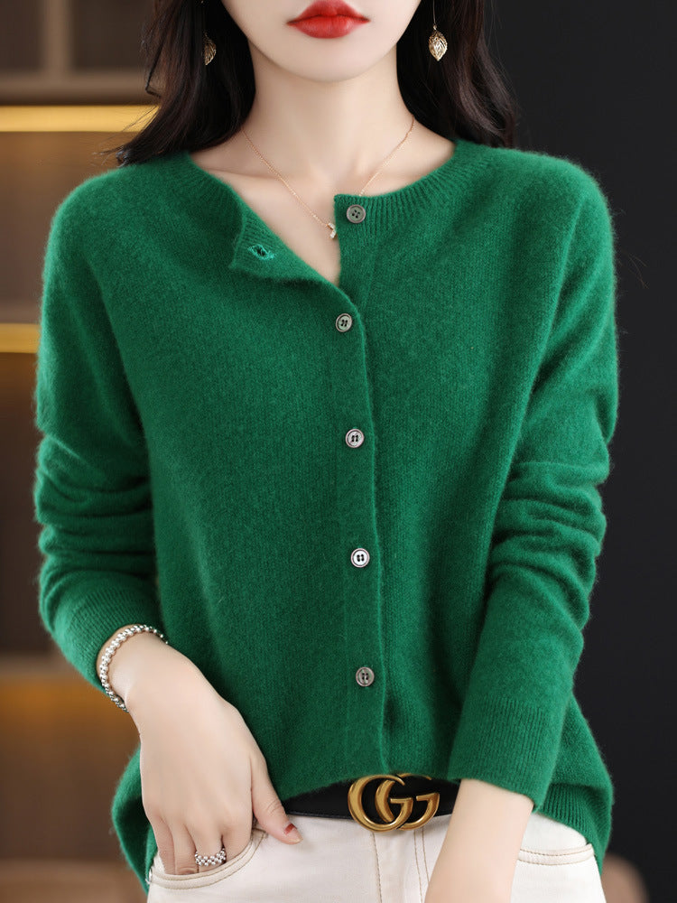 Round Neck Cashmere Cardigan Women's Knit Coat Spring And Autumn Loose Short Wool Sweater Women's 100 Pure Wool Sweater Outside