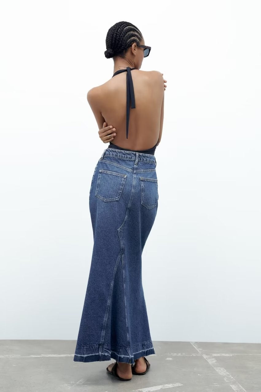 Spring Women's Casual Denim Spliced Flared Skirt