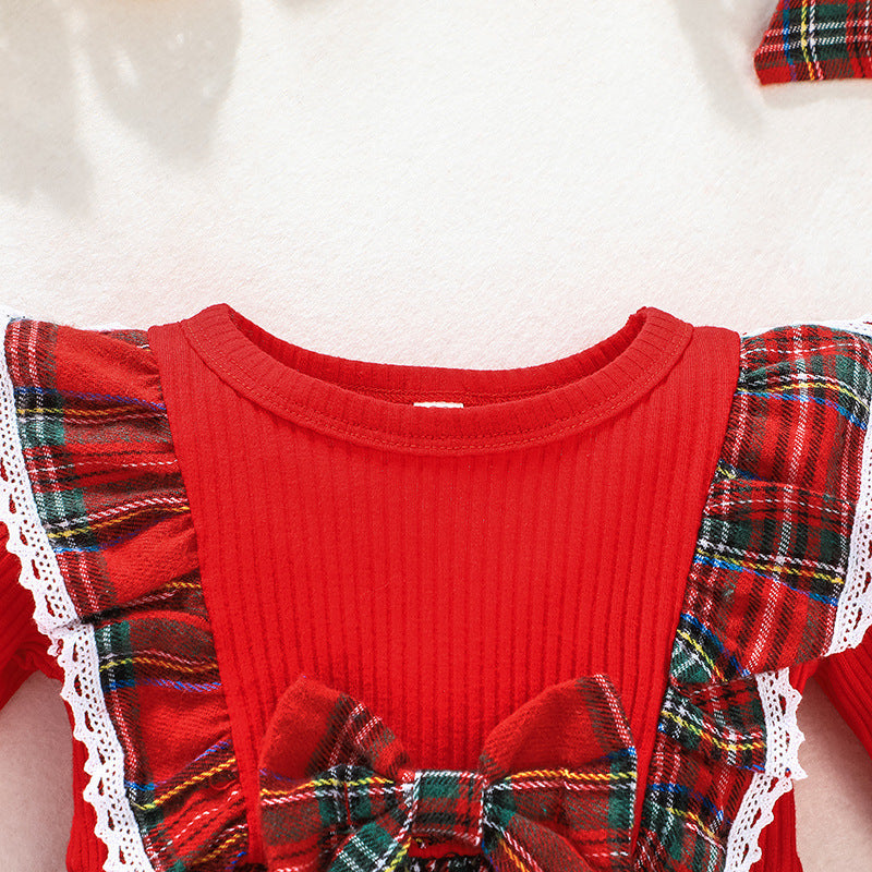 Girls' Long-Sleeved Dress Autumn Winter Children's Christmas Plaid Skirt Baby Baby Red Skirt A-Line Skirt