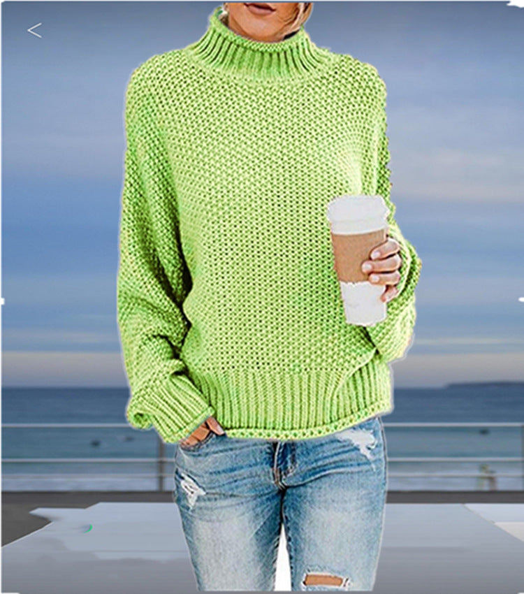 Autumn/Winter New Curled-Edge High-Neck Bat Sleeve Sweater for Women with Thick Line Detail
