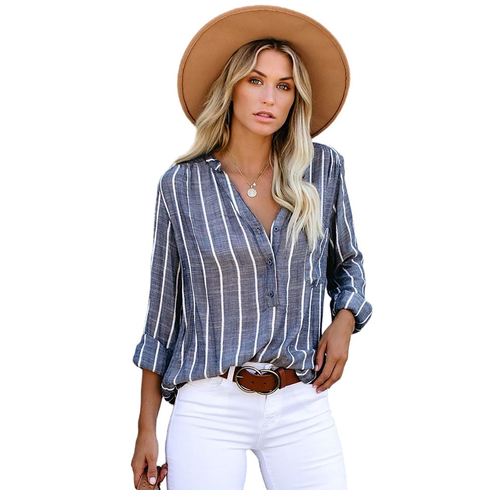 Autumn New V-Neck Ladies Striped Shirt With Loose Single Breasted Long Sleeve Blouse