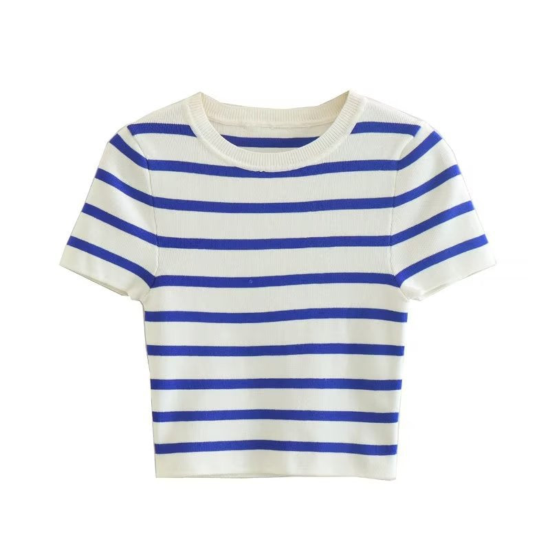 Autumn New Two-Color Short Knit Top Slim Striped Sweater