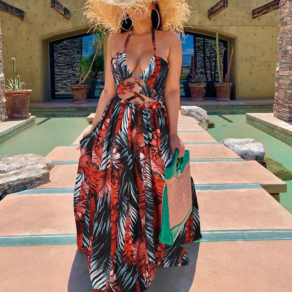 Women's Dress Summer New Skirt Fashion Temperament Printed Character Halter Strap Dress Female Spot