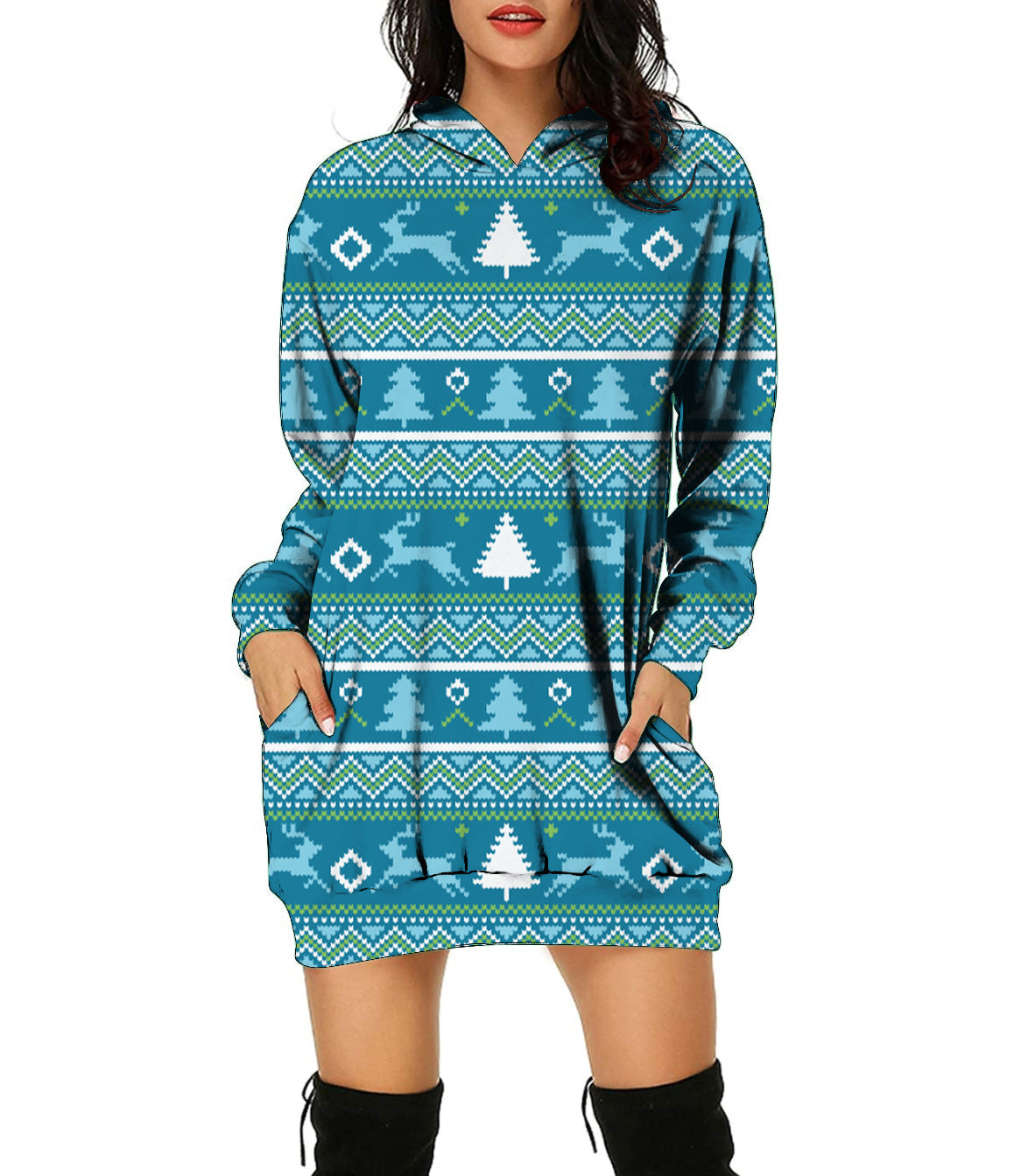 Autumn And Winter New Christmas Pattern Christmas Tree Print Hooded Jumper For Women Long-Sleeved Loose Hoodie Dress