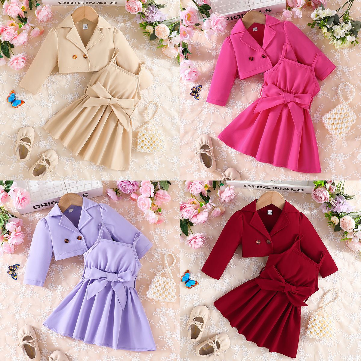 Spring And Autumn Sweet Simple Girls Lapel Long Sleeve + Solid Color Slip Dress Two-Piece Set Of A Hair