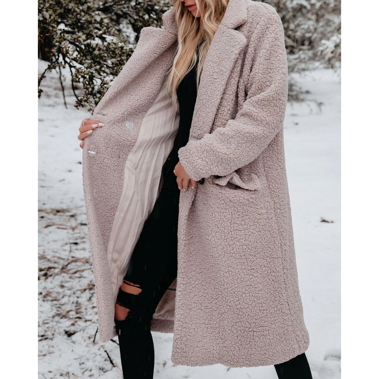 Stay Cozy and Stylish in Winter with our Long-Sleeved Lapel Plush Top Women's Coat