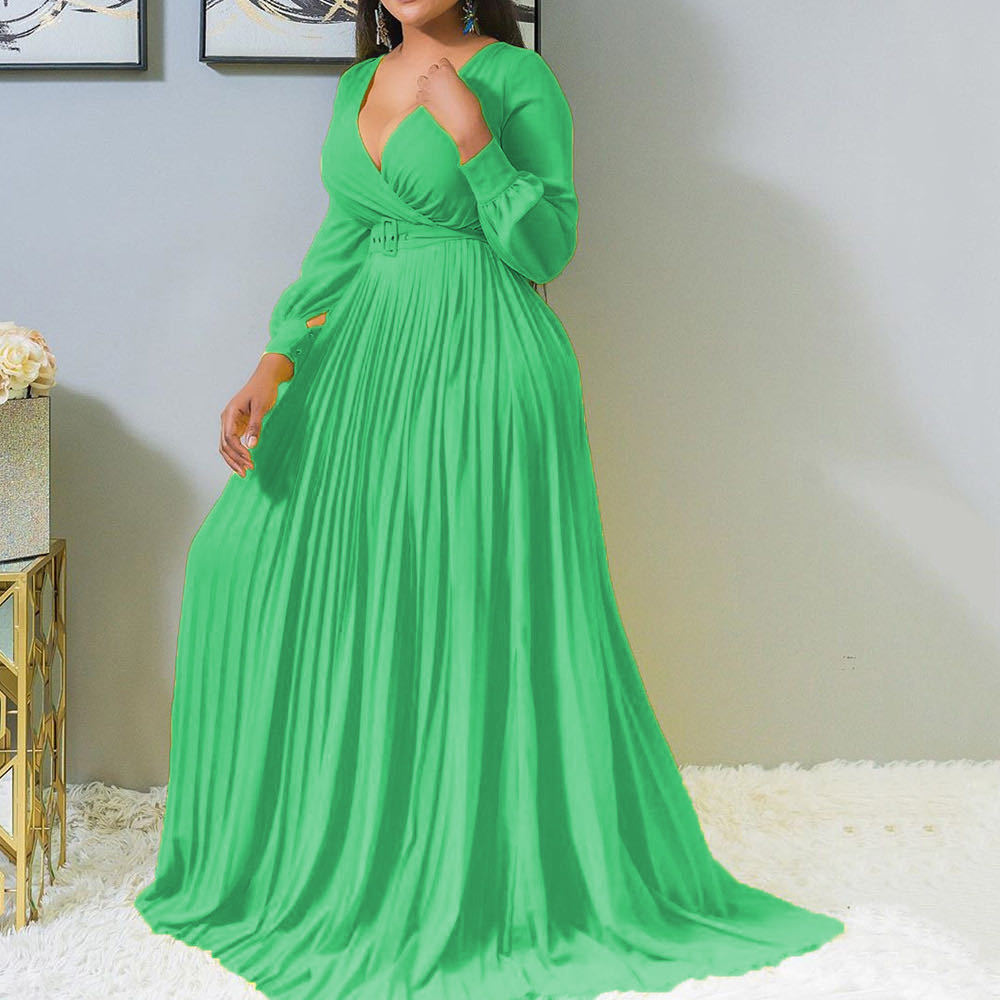 Plus-Size Women's Deep V Cross Grab Pleated Front Skirt Solid Color Pleated Big Swing Dress