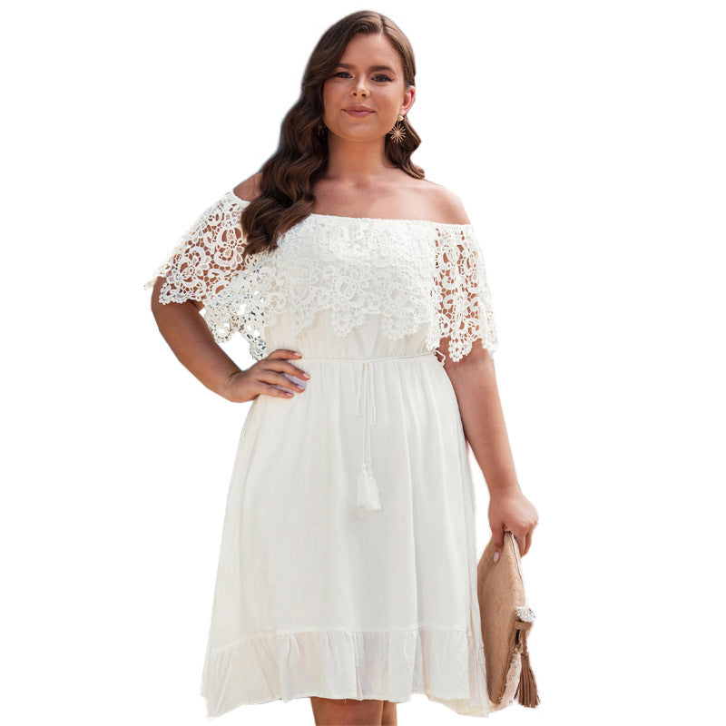 Summer New Lace Short Sleeve Large Size Dress Solid Color Line Collar Dress