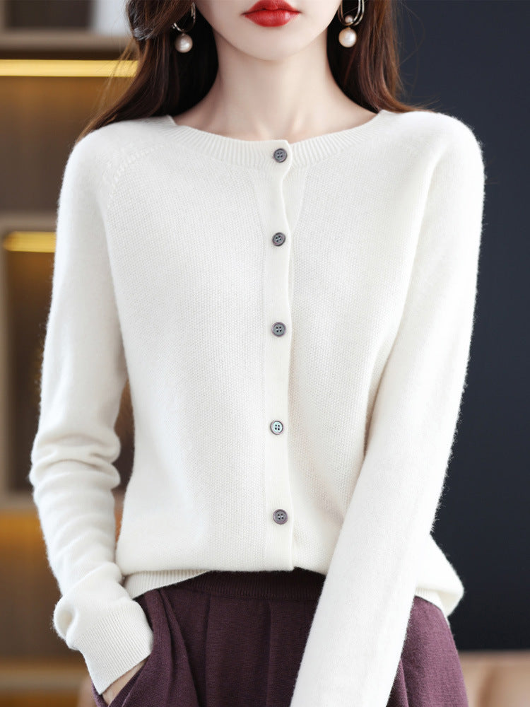 Round Neck Cashmere Cardigan Women's Knit Coat Spring And Autumn Loose Short Wool Sweater Women's 100 Pure Wool Sweater Outside